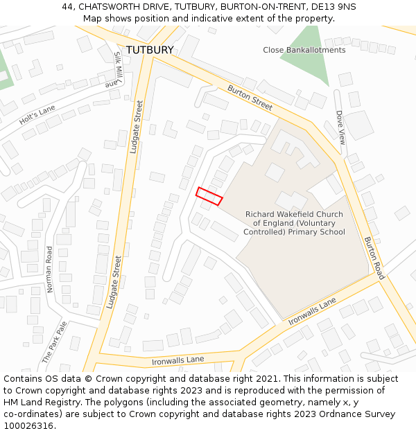 44, CHATSWORTH DRIVE, TUTBURY, BURTON-ON-TRENT, DE13 9NS: Location map and indicative extent of plot