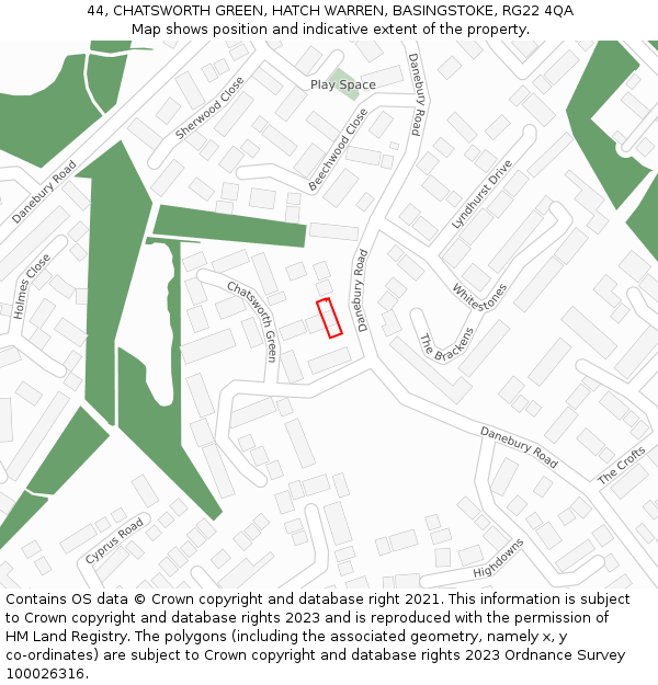 44, CHATSWORTH GREEN, HATCH WARREN, BASINGSTOKE, RG22 4QA: Location map and indicative extent of plot