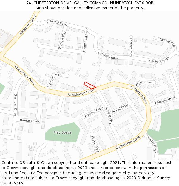 44, CHESTERTON DRIVE, GALLEY COMMON, NUNEATON, CV10 9QR: Location map and indicative extent of plot