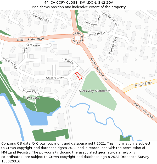 44, CHICORY CLOSE, SWINDON, SN2 2QA: Location map and indicative extent of plot