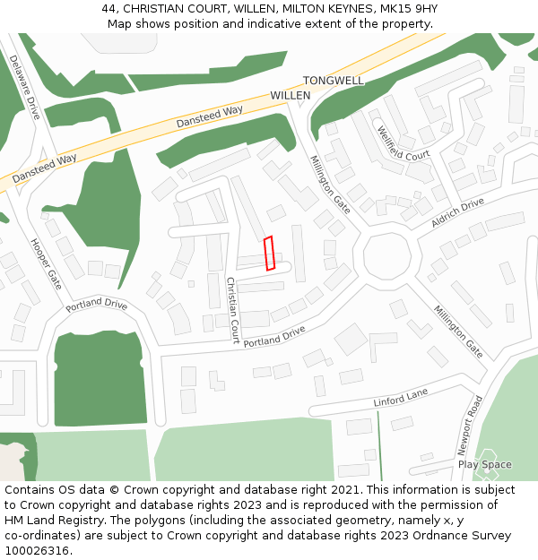 44, CHRISTIAN COURT, WILLEN, MILTON KEYNES, MK15 9HY: Location map and indicative extent of plot