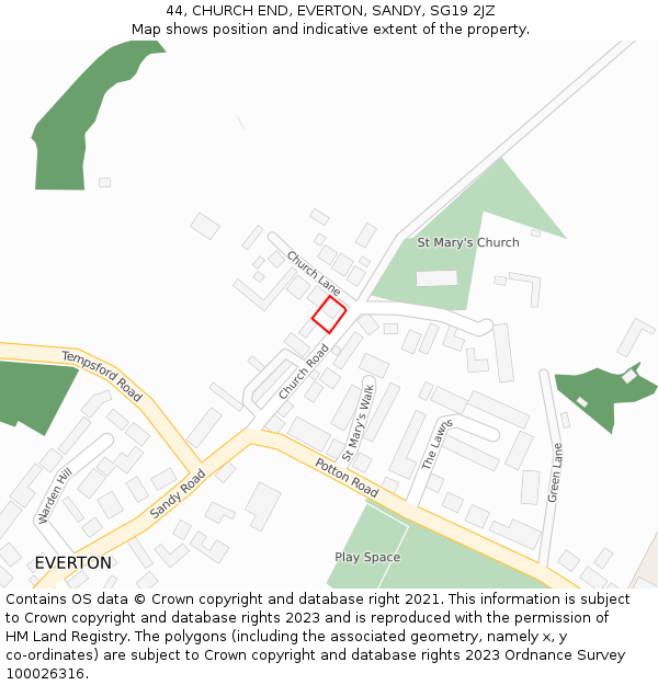 44, CHURCH END, EVERTON, SANDY, SG19 2JZ: Location map and indicative extent of plot