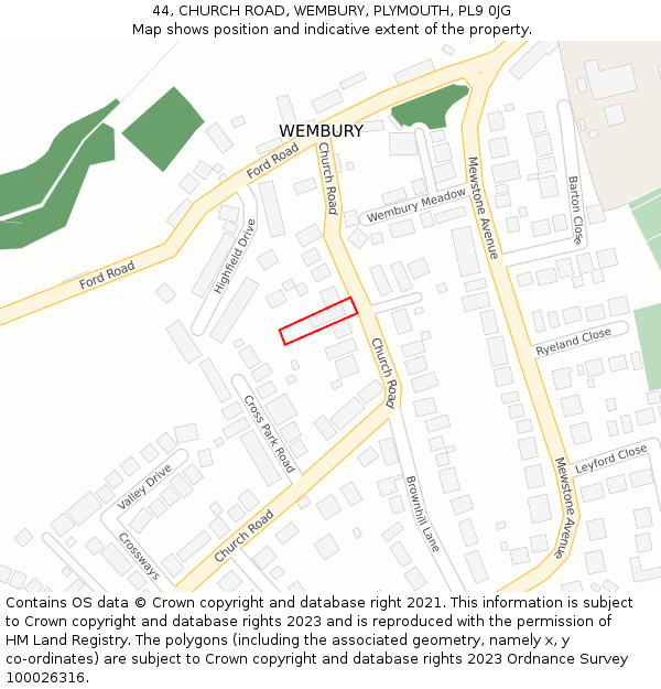 44, CHURCH ROAD, WEMBURY, PLYMOUTH, PL9 0JG: Location map and indicative extent of plot