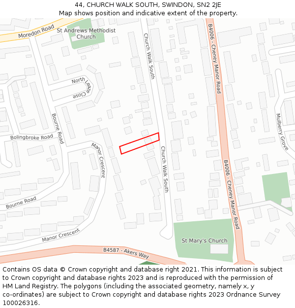 44, CHURCH WALK SOUTH, SWINDON, SN2 2JE: Location map and indicative extent of plot