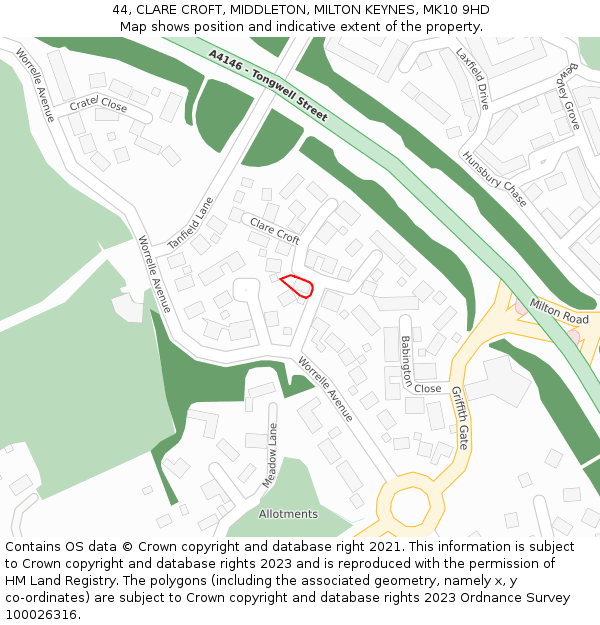 44, CLARE CROFT, MIDDLETON, MILTON KEYNES, MK10 9HD: Location map and indicative extent of plot