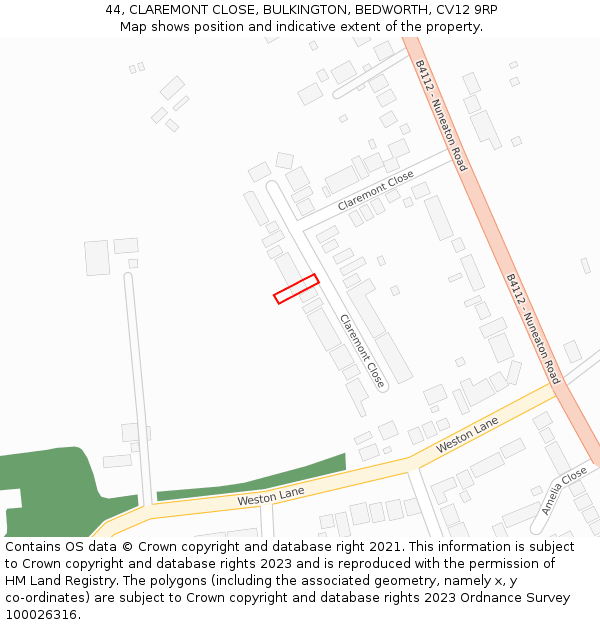 44, CLAREMONT CLOSE, BULKINGTON, BEDWORTH, CV12 9RP: Location map and indicative extent of plot