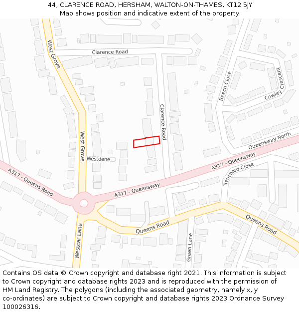 44, CLARENCE ROAD, HERSHAM, WALTON-ON-THAMES, KT12 5JY: Location map and indicative extent of plot