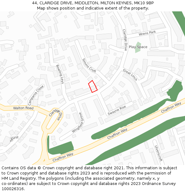 44, CLARIDGE DRIVE, MIDDLETON, MILTON KEYNES, MK10 9BP: Location map and indicative extent of plot