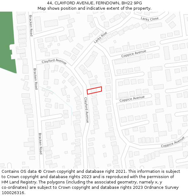 44, CLAYFORD AVENUE, FERNDOWN, BH22 9PG: Location map and indicative extent of plot