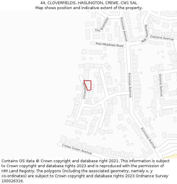 44, CLOVERFIELDS, HASLINGTON, CREWE, CW1 5AL: Location map and indicative extent of plot