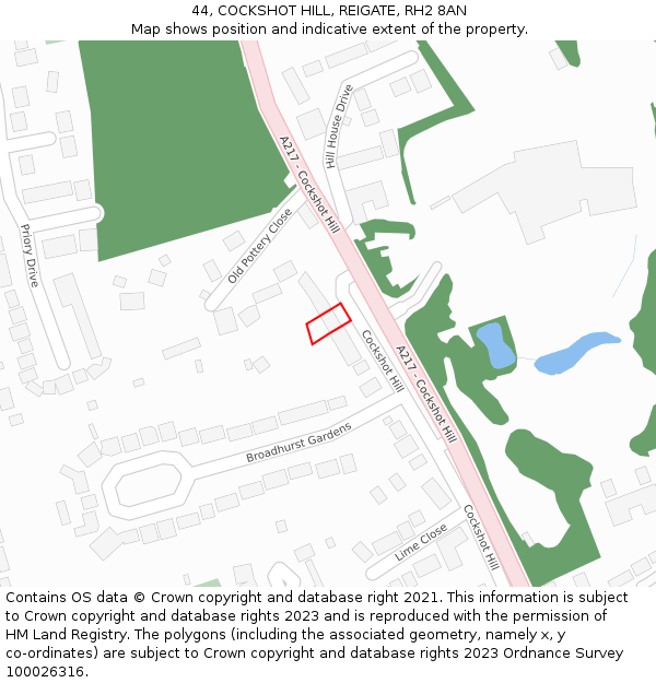 44, COCKSHOT HILL, REIGATE, RH2 8AN: Location map and indicative extent of plot