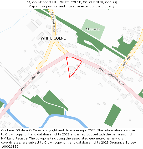 44, COLNEFORD HILL, WHITE COLNE, COLCHESTER, CO6 2PJ: Location map and indicative extent of plot