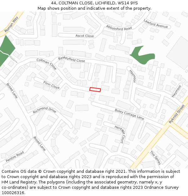 44, COLTMAN CLOSE, LICHFIELD, WS14 9YS: Location map and indicative extent of plot