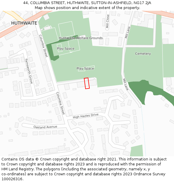 44, COLUMBIA STREET, HUTHWAITE, SUTTON-IN-ASHFIELD, NG17 2JA: Location map and indicative extent of plot