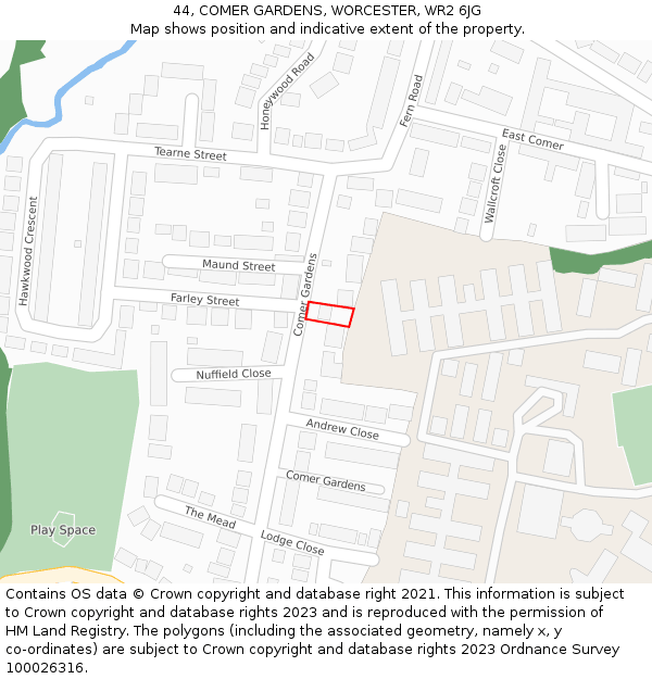 44, COMER GARDENS, WORCESTER, WR2 6JG: Location map and indicative extent of plot