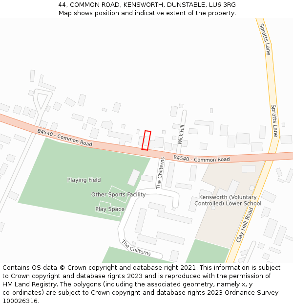 44, COMMON ROAD, KENSWORTH, DUNSTABLE, LU6 3RG: Location map and indicative extent of plot