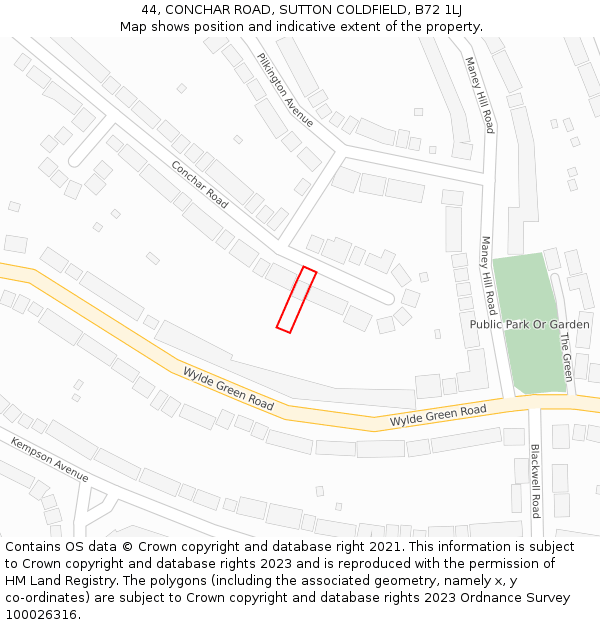44, CONCHAR ROAD, SUTTON COLDFIELD, B72 1LJ: Location map and indicative extent of plot