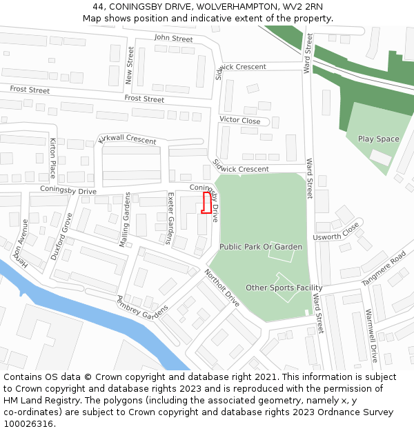 44, CONINGSBY DRIVE, WOLVERHAMPTON, WV2 2RN: Location map and indicative extent of plot