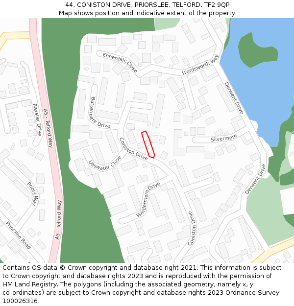 44, CONISTON DRIVE, PRIORSLEE, TELFORD, TF2 9QP: Location map and indicative extent of plot