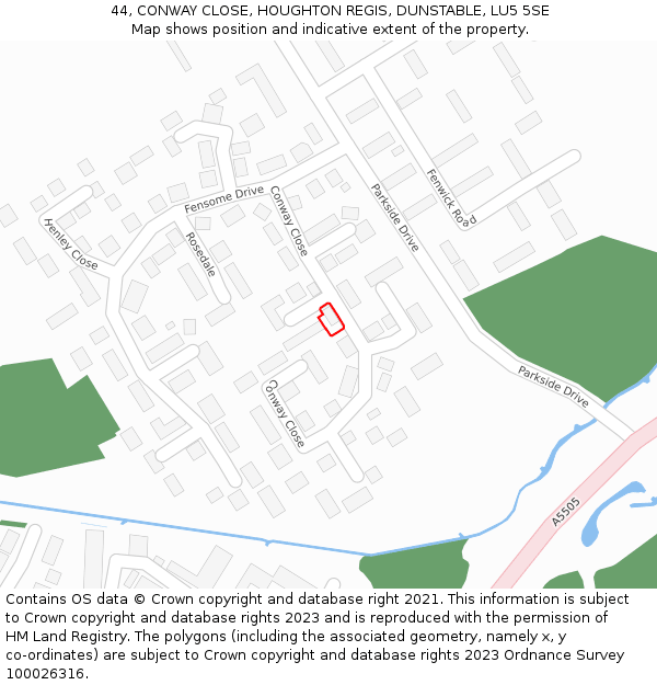 44, CONWAY CLOSE, HOUGHTON REGIS, DUNSTABLE, LU5 5SE: Location map and indicative extent of plot