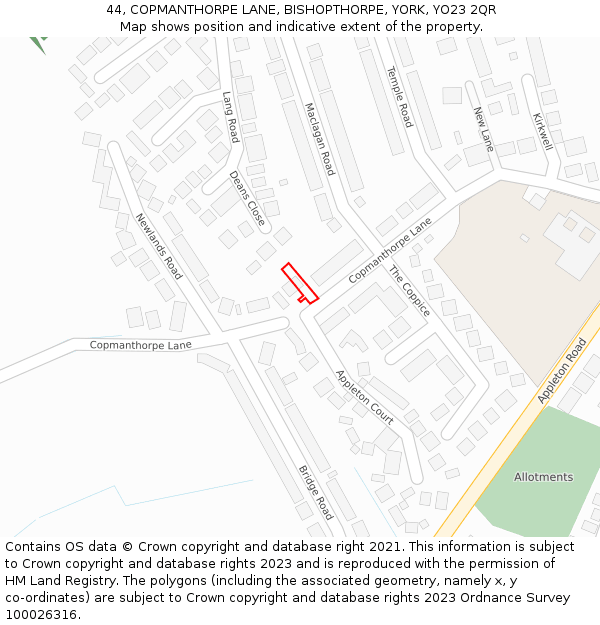 44, COPMANTHORPE LANE, BISHOPTHORPE, YORK, YO23 2QR: Location map and indicative extent of plot