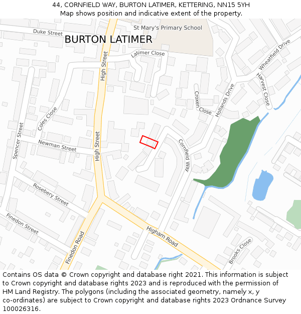 44, CORNFIELD WAY, BURTON LATIMER, KETTERING, NN15 5YH: Location map and indicative extent of plot