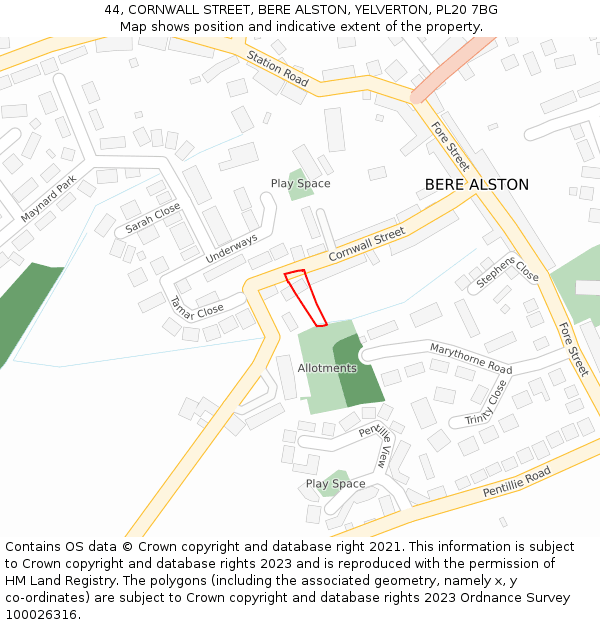 44, CORNWALL STREET, BERE ALSTON, YELVERTON, PL20 7BG: Location map and indicative extent of plot