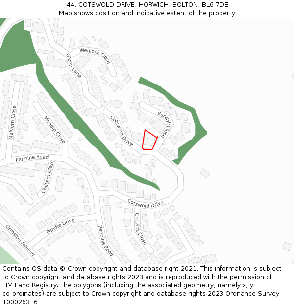 44, COTSWOLD DRIVE, HORWICH, BOLTON, BL6 7DE: Location map and indicative extent of plot