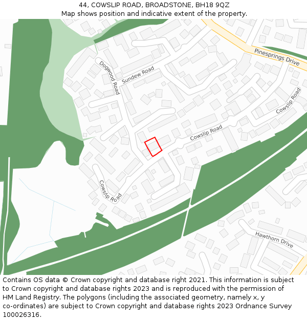 44, COWSLIP ROAD, BROADSTONE, BH18 9QZ: Location map and indicative extent of plot