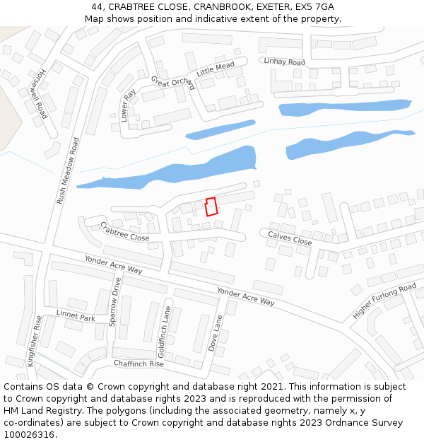 44, CRABTREE CLOSE, CRANBROOK, EXETER, EX5 7GA: Location map and indicative extent of plot