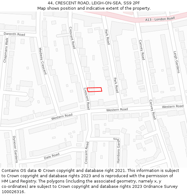 44, CRESCENT ROAD, LEIGH-ON-SEA, SS9 2PF: Location map and indicative extent of plot