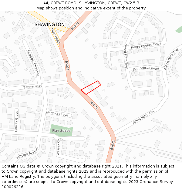 44, CREWE ROAD, SHAVINGTON, CREWE, CW2 5JB: Location map and indicative extent of plot