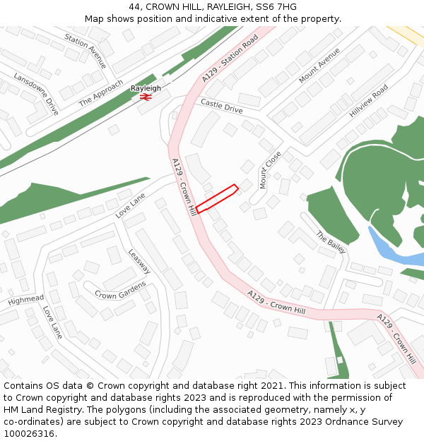 44, CROWN HILL, RAYLEIGH, SS6 7HG: Location map and indicative extent of plot