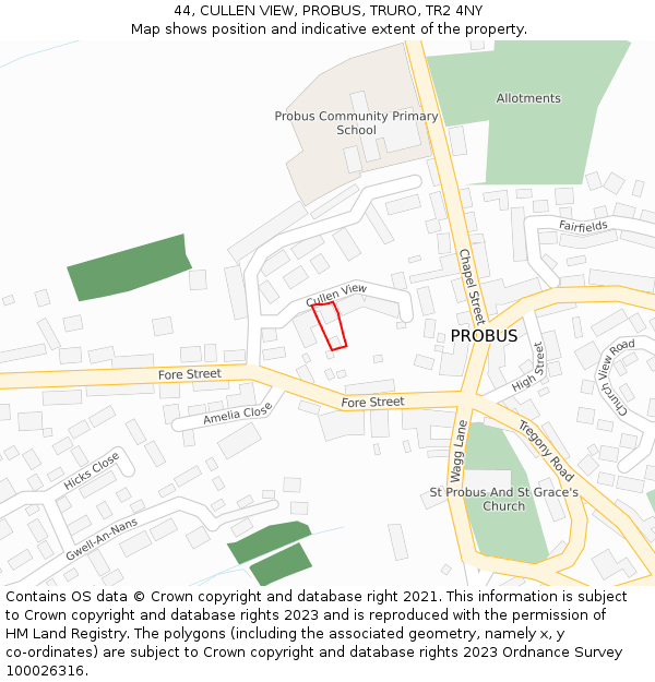 44, CULLEN VIEW, PROBUS, TRURO, TR2 4NY: Location map and indicative extent of plot