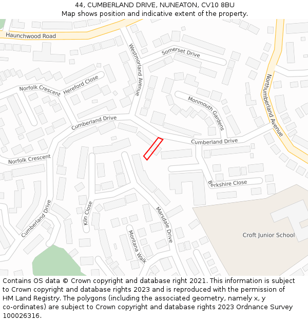 44, CUMBERLAND DRIVE, NUNEATON, CV10 8BU: Location map and indicative extent of plot