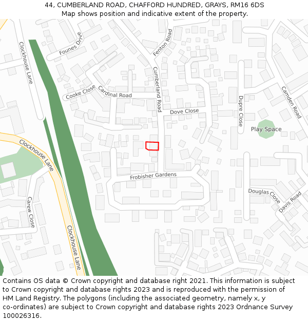 44, CUMBERLAND ROAD, CHAFFORD HUNDRED, GRAYS, RM16 6DS: Location map and indicative extent of plot