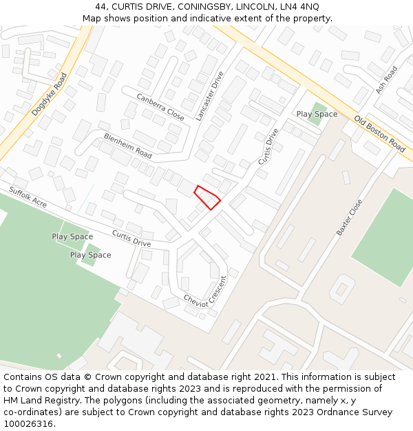 44, CURTIS DRIVE, CONINGSBY, LINCOLN, LN4 4NQ: Location map and indicative extent of plot