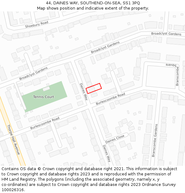 44, DAINES WAY, SOUTHEND-ON-SEA, SS1 3PQ: Location map and indicative extent of plot