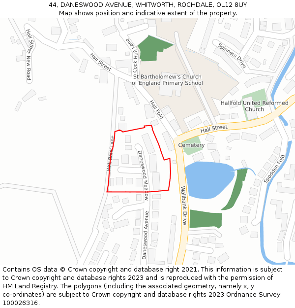 44, DANESWOOD AVENUE, WHITWORTH, ROCHDALE, OL12 8UY: Location map and indicative extent of plot