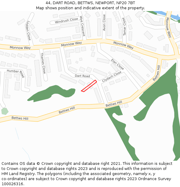 44, DART ROAD, BETTWS, NEWPORT, NP20 7BT: Location map and indicative extent of plot