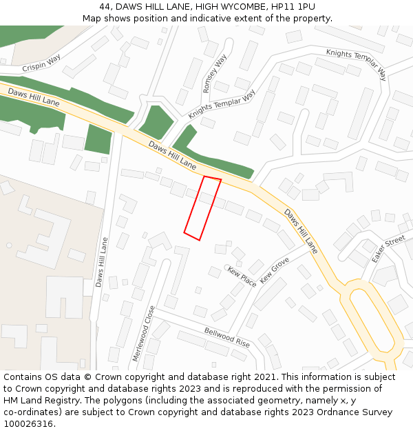 44, DAWS HILL LANE, HIGH WYCOMBE, HP11 1PU: Location map and indicative extent of plot