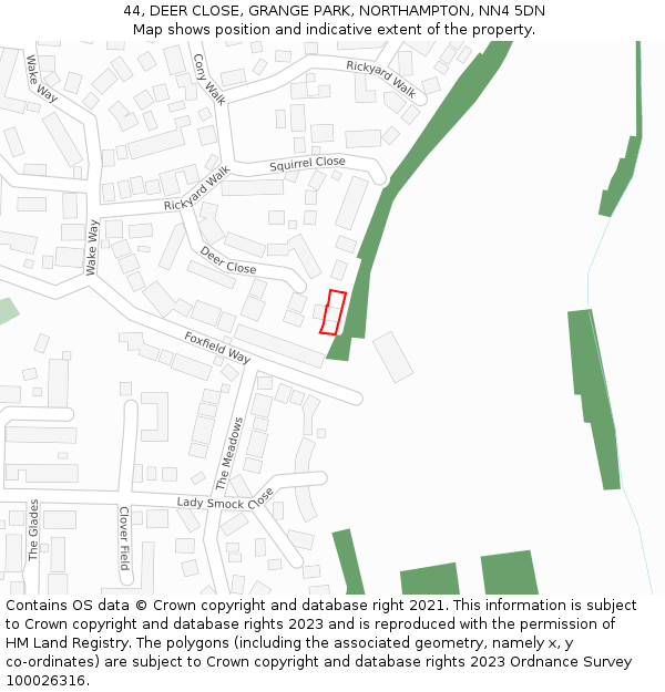 44, DEER CLOSE, GRANGE PARK, NORTHAMPTON, NN4 5DN: Location map and indicative extent of plot