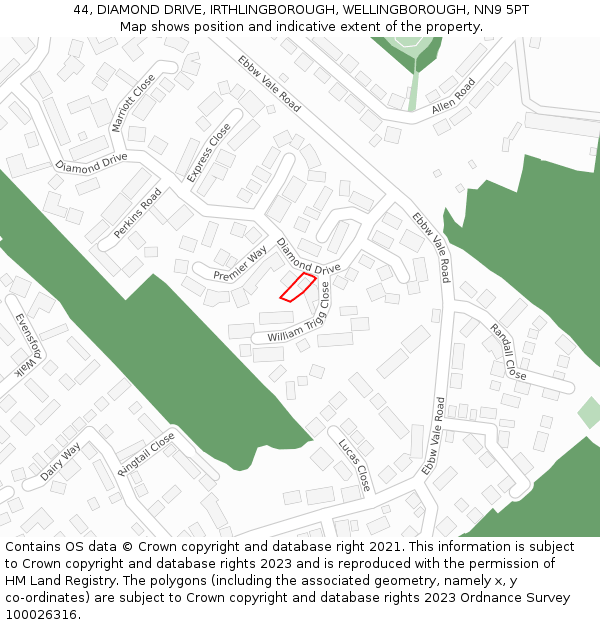 44, DIAMOND DRIVE, IRTHLINGBOROUGH, WELLINGBOROUGH, NN9 5PT: Location map and indicative extent of plot