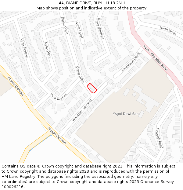 44, DIANE DRIVE, RHYL, LL18 2NH: Location map and indicative extent of plot