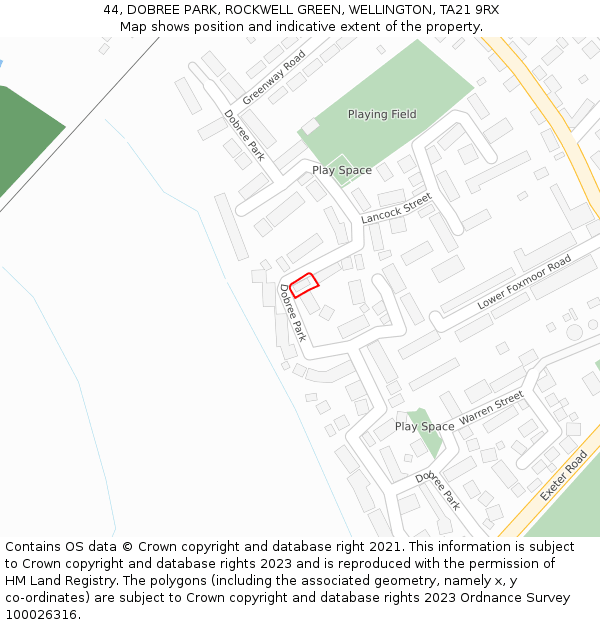 44, DOBREE PARK, ROCKWELL GREEN, WELLINGTON, TA21 9RX: Location map and indicative extent of plot