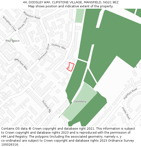 44, DODSLEY WAY, CLIPSTONE VILLAGE, MANSFIELD, NG21 9EZ: Location map and indicative extent of plot