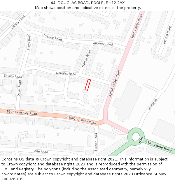 44, DOUGLAS ROAD, POOLE, BH12 2AX: Location map and indicative extent of plot