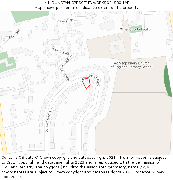 44, DUNSTAN CRESCENT, WORKSOP, S80 1AF: Location map and indicative extent of plot