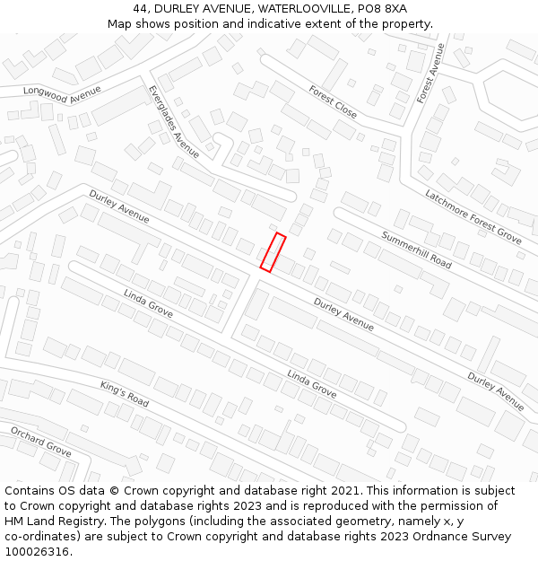 44, DURLEY AVENUE, WATERLOOVILLE, PO8 8XA: Location map and indicative extent of plot