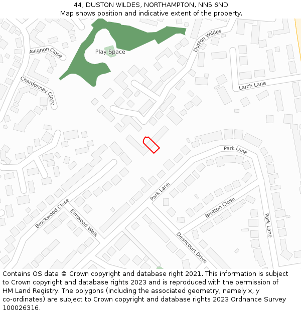 44, DUSTON WILDES, NORTHAMPTON, NN5 6ND: Location map and indicative extent of plot